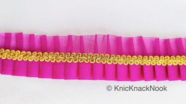 Purple Satin And Purple Net Fabric Trim With Gold Embroidery Trimming, Pleated Lace Trim, Trim